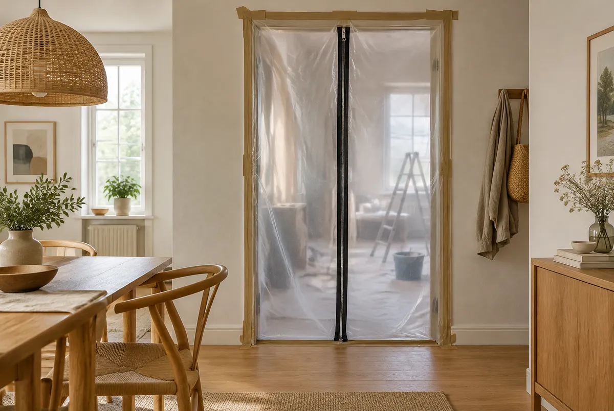 Plastdörr med dragkedja som tejpats fast i en dörrkarm under en renovering.