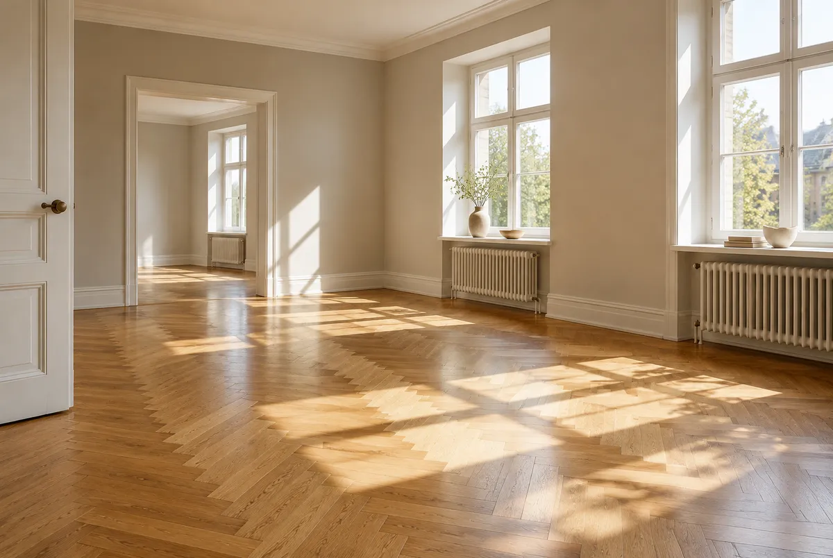 Fiskbensparkett i ek i ett tomt, soligt rum efter renovering, redo för möbler