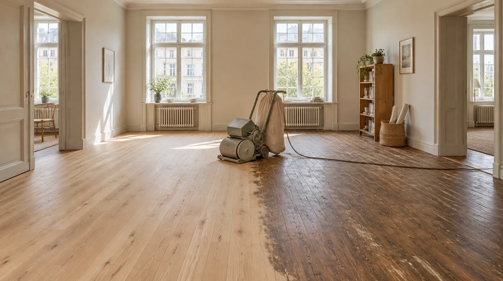 Tomt rum under renovering där ena halvan av ekgolvet är nyslipat och ljust medan den andra halvan är mörk och sliten, med en bandslip i mitten.